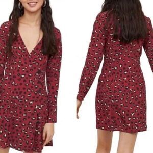 *30off3* H&M Divided Women's Red Leopard Wrap Dress Size 4 Long Sleeve Party